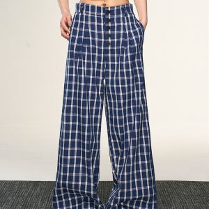 Vintage Plaid Button-Up Casual Pants for Women - Summer Loose Relaxed Wide-Leg Trousers, American Style Fashion