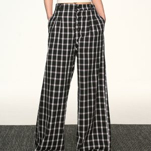 Vintage Plaid Button-Up Casual Pants for Women - Summer Loose Relaxed Wide-Leg Trousers, American Style Fashion