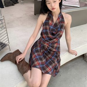 Vintage Plaid Halter Neck Dress for Women - V-Neck, Backless, Multi-Pleated, Spaghetti Strap, Mid-Short Swing Skirt, Y2K Style