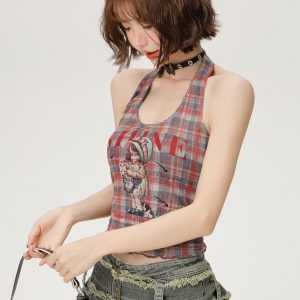 Vintage Plaid Halter Top for Women - Slim Fit Summer Style, Sweet Cool Look, Perfect for Hot Girl Fashion