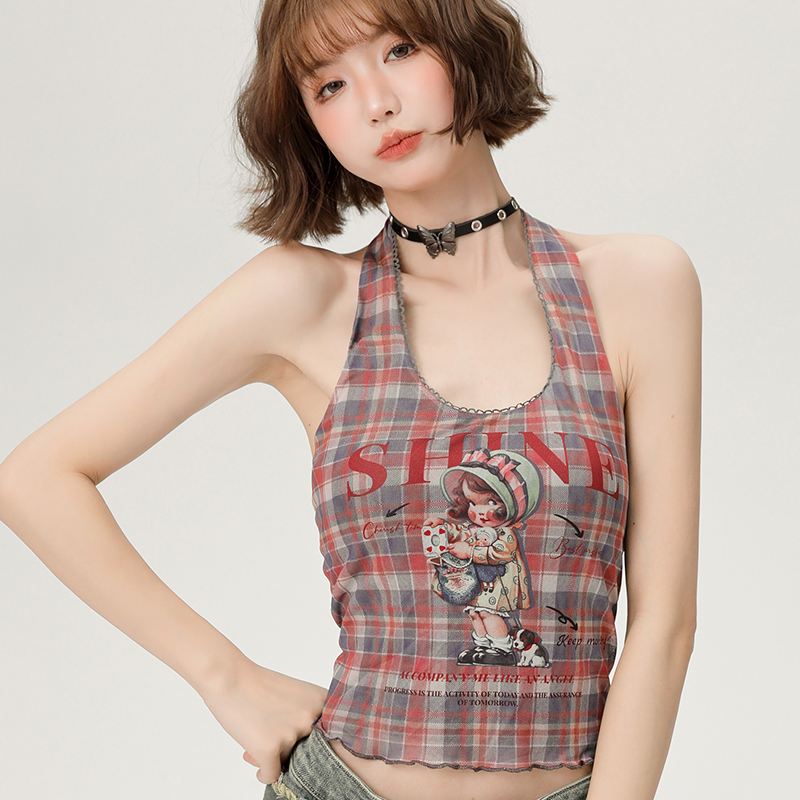 Vintage Plaid Halter Top for Women - Slim Fit Summer Style, Sweet Cool Look, Perfect for Hot Girl Fashion