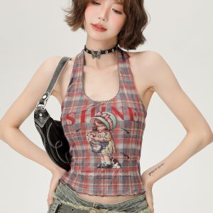 Vintage Plaid Halter Top for Women - Slim Fit Summer Style, Sweet Cool Look, Perfect for Hot Girl Fashion