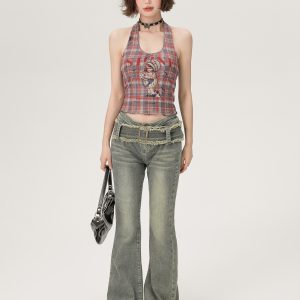 Vintage Plaid Halter Top for Women - Slim Fit Summer Style, Sweet Cool Look, Perfect for Hot Girl Fashion