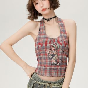 Vintage Plaid Halter Top for Women - Slim Fit Summer Style, Sweet Cool Look, Perfect for Hot Girl Fashion