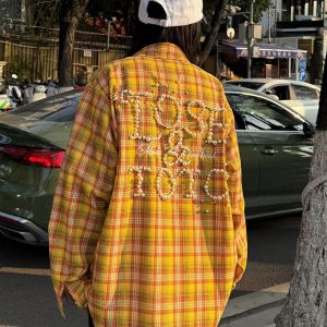 Vintage Plaid Long Sleeve Shirt Jacket for Women, Pearl Letter Casual Top in Dopamine Yellow, Spring Fashion 90s Style