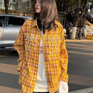Vintage Plaid Long Sleeve Shirt Jacket for Women, Pearl Letter Casual Top in Dopamine Yellow, Spring Fashion 90s Style