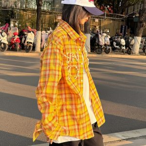 Vintage Plaid Long Sleeve Shirt Jacket for Women, Pearl Letter Casual Top in Dopamine Yellow, Spring Fashion 90s Style