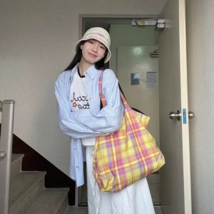 Vintage Plaid Orange Large Capacity Canvas Shoulder Bag - Versatile Commuter Tote for Fashion Lovers