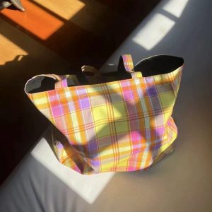 Vintage Plaid Orange Large Capacity Canvas Shoulder Bag - Versatile Commuter Tote for Fashion Lovers