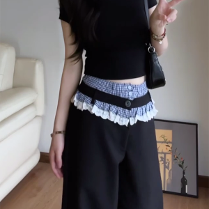 Vintage Plaid Patchwork Lace Suit Pants for Women - Loose Straight-Leg Wide-Leg Trousers for Spring and Autumn Fashion