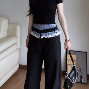 Vintage Plaid Patchwork Lace Suit Pants for Women - Loose Straight-Leg Wide-Leg Trousers for Spring and Autumn Fashion