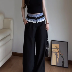 Vintage Plaid Patchwork Lace Suit Pants for Women - Loose Straight-Leg Wide-Leg Trousers for Spring and Autumn Fashion