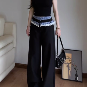 Vintage Plaid Patchwork Lace Suit Pants for Women - Loose Straight-Leg Wide-Leg Trousers for Spring and Autumn Fashion