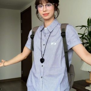 Vintage Plaid Short Sleeve Shirt for Women - Summer Loose Fit Lapel Top, Trendy Couple's Jacket, Stylish Casual Wear