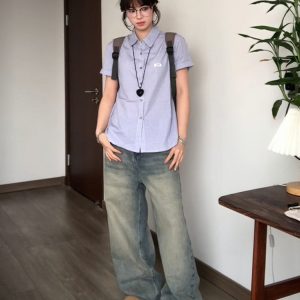 Vintage Plaid Short Sleeve Shirt for Women - Summer Loose Fit Lapel Top, Trendy Couple's Jacket, Stylish Casual Wear