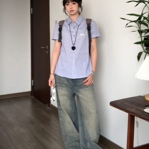 Vintage Plaid Short Sleeve Shirt for Women - Summer Loose Fit Lapel Top, Trendy Couple's Jacket, Stylish Casual Wear