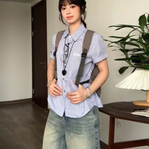 Vintage Plaid Short Sleeve Shirt for Women - Summer Loose Fit Lapel Top, Trendy Couple's Jacket, Stylish Casual Wear