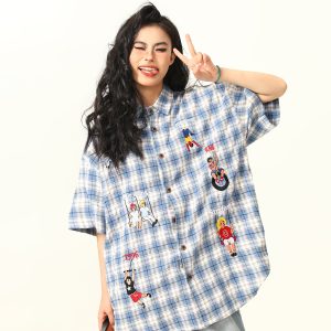 Vintage Plaid Short Sleeve Shirt for Women, Embroidered Design, Summer Casual Top, Versatile 90s Inspired Fashion