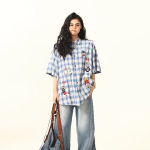 Vintage Plaid Short Sleeve Shirt for Women, Embroidered Design, Summer Casual Top, Versatile 90s Inspired Fashion