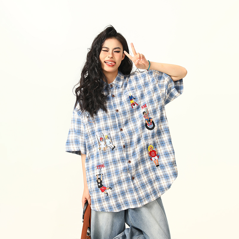 Vintage Plaid Short Sleeve Shirt for Women, Embroidered Design, Summer Casual Top, Versatile 90s Inspired Fashion