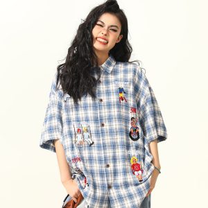 Vintage Plaid Short Sleeve Shirt for Women, Embroidered Design, Summer Casual Top, Versatile 90s Inspired Fashion