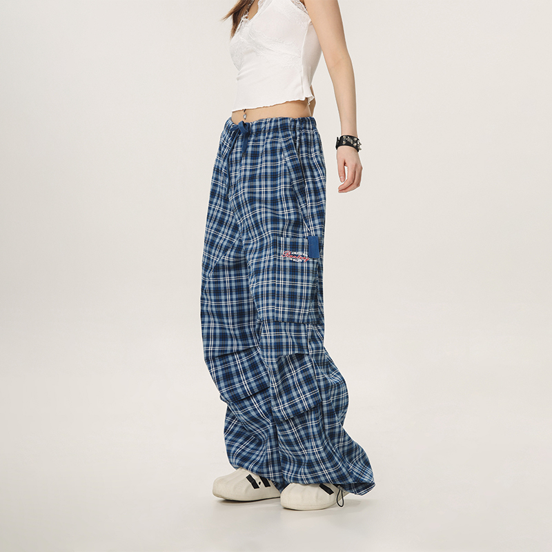 Vintage Plaid Workwear Casual Pants for Women - Loose Straight Wide-Leg BF Style, Perfect for 90s and Y2K Inspired Looks