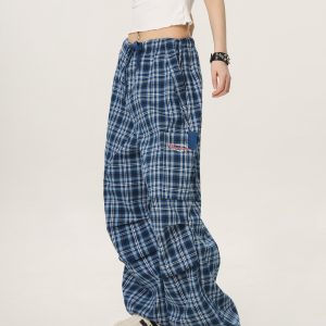 Vintage Plaid Workwear Casual Pants for Women - Loose Straight Wide-Leg BF Style, Perfect for 90s and Y2K Inspired Looks