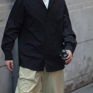 Vintage Pleated Cuban Collar Long Sleeve Shirt Jacket for Men and Women - Japanese Retro Loose Fit Spring Autumn Style