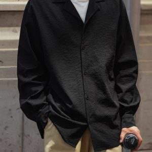 Vintage Pleated Cuban Collar Long Sleeve Shirt Jacket for Men and Women - Japanese Retro Loose Fit Spring Autumn Style