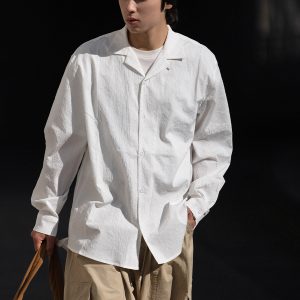 Vintage Pleated Cuban Collar Long Sleeve Shirt Jacket for Men and Women - Japanese Retro Loose Fit Spring Autumn Style