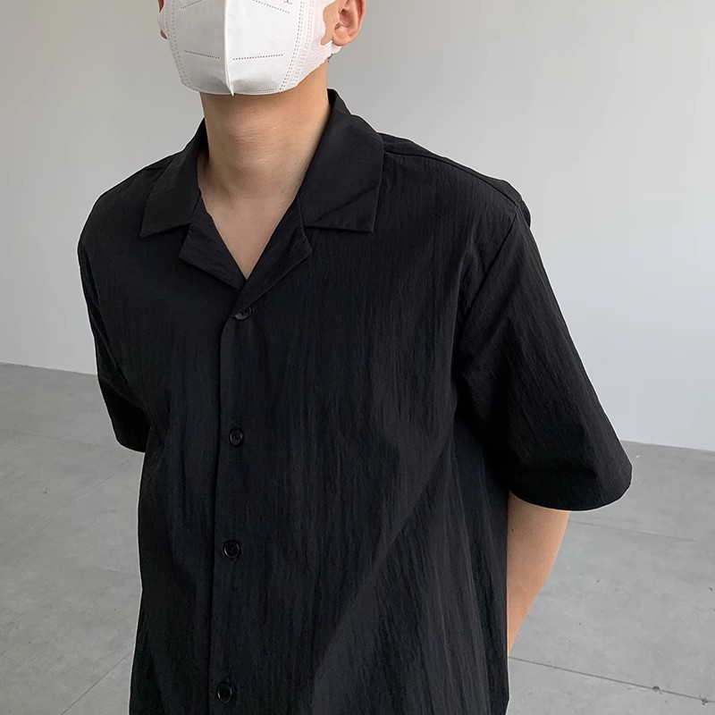 Vintage Pleated Cuban Collar Short Sleeve Shirt for Men, Summer Solid Color Loose Retro Casual Fashion Trend