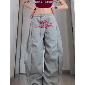 Vintage Pleated Curved Knife Work Pants for Women, Loose Wide-Leg Hip-Hop Street Style Casual Trousers, Y2K Fashion