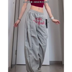 Vintage Pleated Curved Knife Work Pants for Women, Loose Wide-Leg Hip-Hop Street Style Casual Trousers, Y2K Fashion