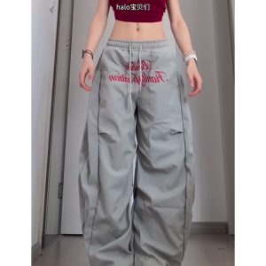 Vintage Pleated Curved Knife Work Pants for Women, Loose Wide-Leg Hip-Hop Street Style Casual Trousers, Y2K Fashion