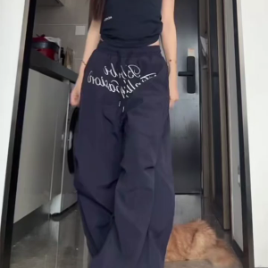 Vintage Pleated Curved Knife Work Pants for Women, Loose Wide-Leg Hip-Hop Street Style Casual Trousers, Y2K Fashion