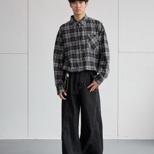Vintage Pleated Deconstructed Denim Knife Jeans for Men - Baggy Wide-Leg Long Pants, Retro 90s Style, Non-Fading Fashion Statement