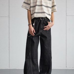 Vintage Pleated Deconstructed Denim Knife Jeans for Men - Baggy Wide-Leg Long Pants, Retro 90s Style, Non-Fading Fashion Statement