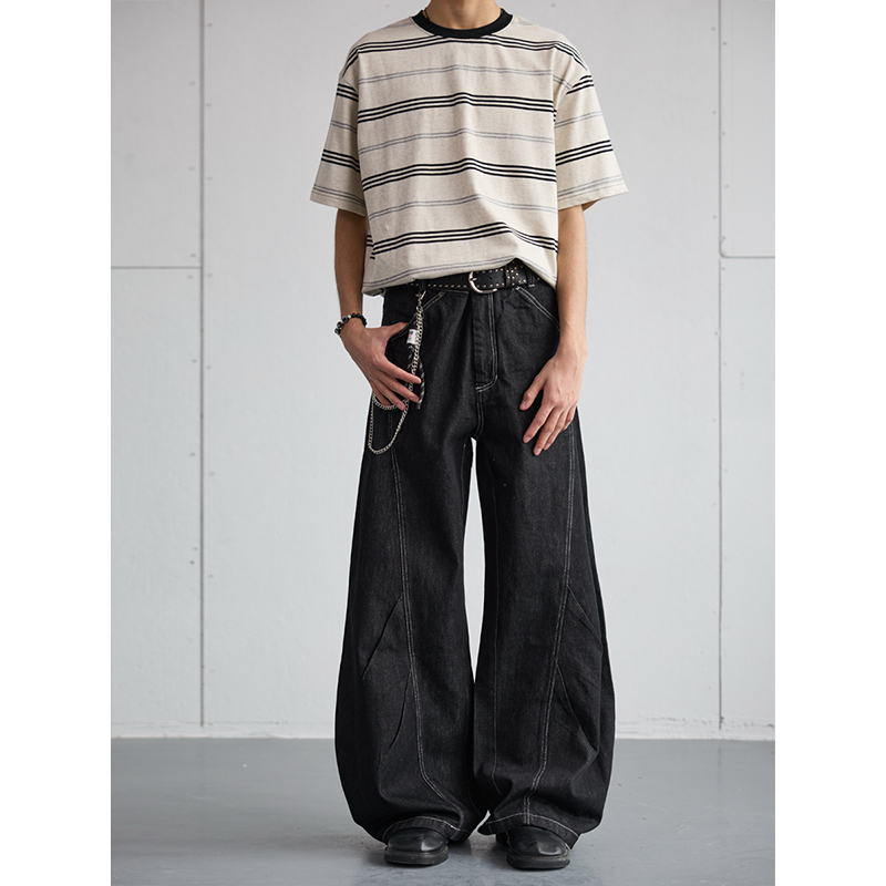 Vintage Pleated Deconstructed Denim Knife Jeans for Men - Baggy Wide-Leg Long Pants, Retro 90s Style, Non-Fading Fashion Statement