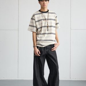 Vintage Pleated Deconstructed Denim Knife Jeans for Men - Baggy Wide-Leg Long Pants, Retro 90s Style, Non-Fading Fashion Statement