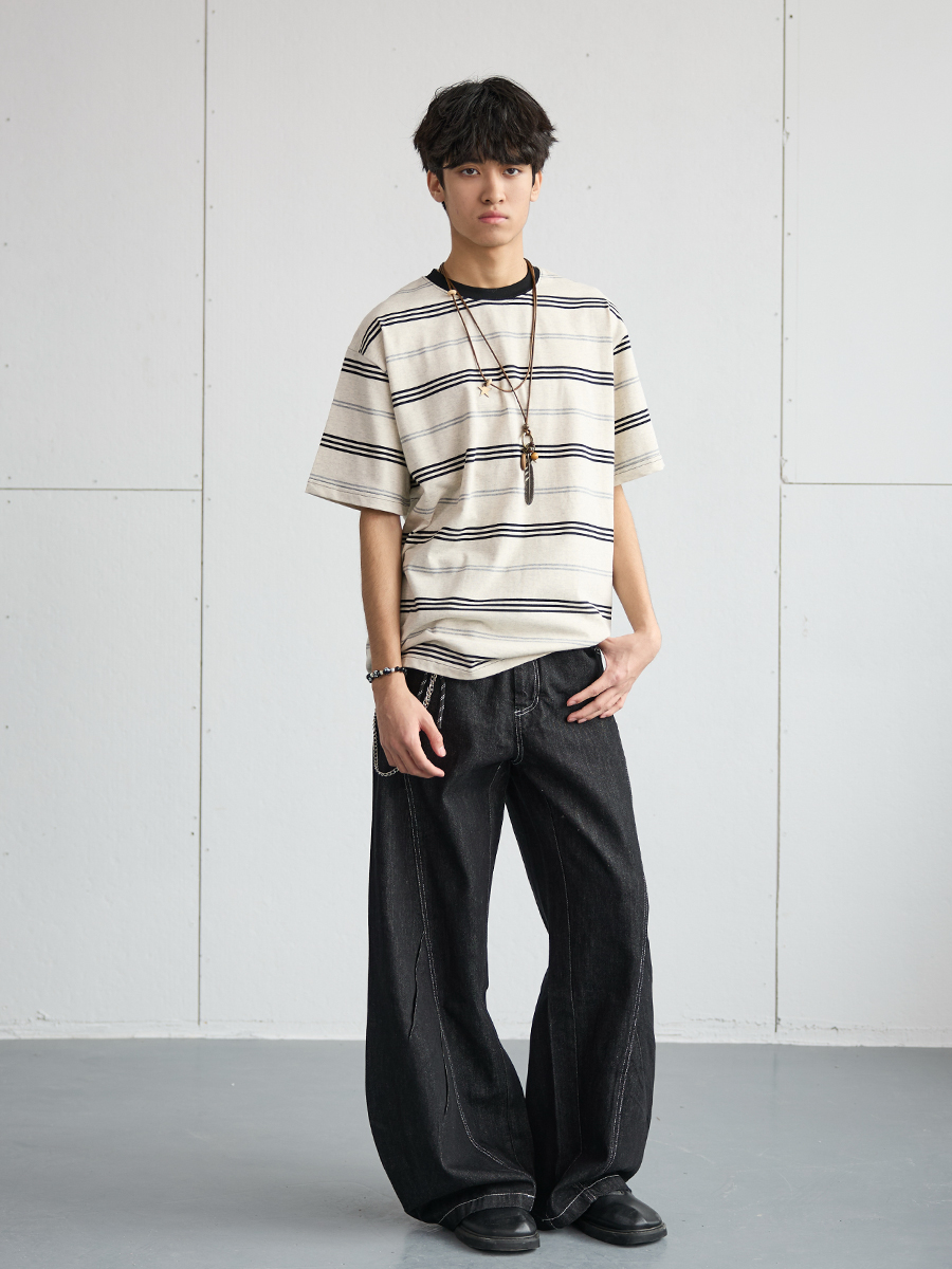 Vintage Pleated Deconstructed Denim Knife Jeans for Men - Baggy Wide-Leg Long Pants, Retro 90s Style, Non-Fading Fashion Statement Vintage Pleated Deconstructed Denim Knife Jeans for Men - Baggy Wide-Leg Long Pants, Retro 90s Style, Non-Fading Fashion Statement