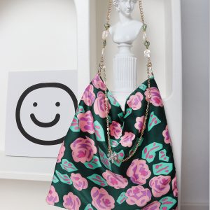 Vintage Polka Dot Rose Shoulder Bag for Women, High-Quality Faux Silk Tote, Chinese Style Niche Design