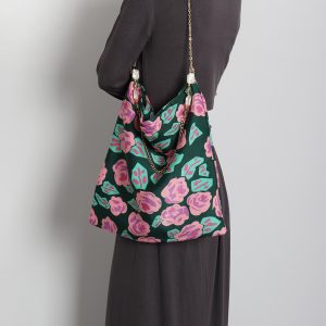 Vintage Polka Dot Rose Shoulder Bag for Women, High-Quality Faux Silk Tote, Chinese Style Niche Design