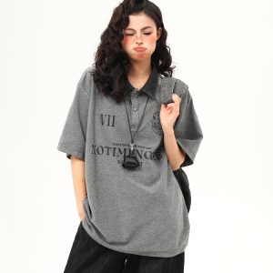 Vintage Polo Collar Short Sleeve T-Shirt for Women, Designer Fabric, High-Quality Top, Trendy American Style, Casual Chic