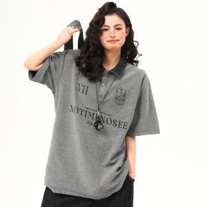 Vintage Polo Collar Short Sleeve T-Shirt for Women, Designer Fabric, High-Quality Top, Trendy American Style, Casual Chic