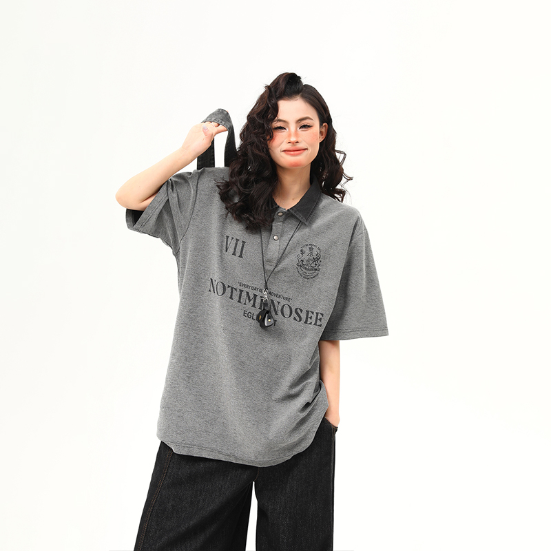 Vintage Polo Collar Short Sleeve T-Shirt for Women, Designer Fabric, High-Quality Top, Trendy American Style, Casual Chic