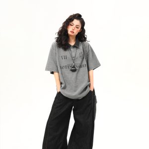 Vintage Polo Collar Short Sleeve T-Shirt for Women, Designer Fabric, High-Quality Top, Trendy American Style, Casual Chic