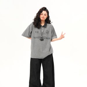 Vintage Polo Collar Short Sleeve T-Shirt for Women, Designer Fabric, High-Quality Top, Trendy American Style, Casual Chic