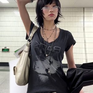 Vintage Portrait Print Shoulder T-Shirt for Women - Short Sleeve Slim Fit Summer Top in American Style