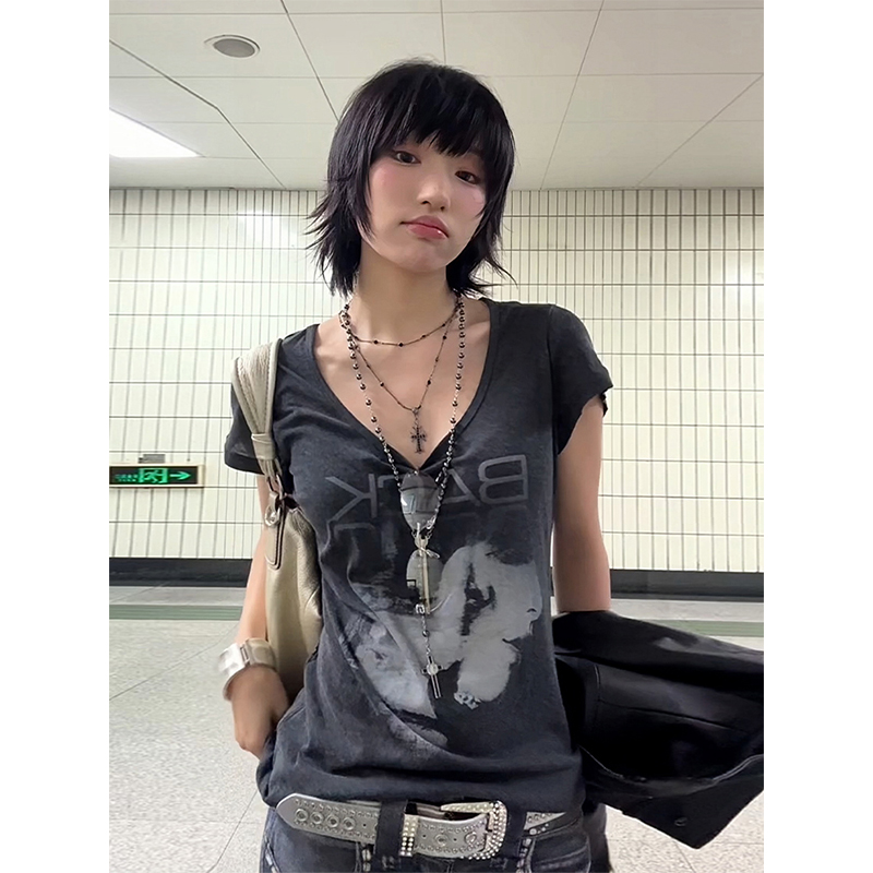 Vintage Portrait Print Shoulder T-Shirt for Women - Short Sleeve Slim Fit Summer Top in American Style