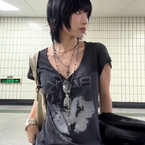 Vintage Portrait Print Shoulder T-Shirt for Women - Short Sleeve Slim Fit Summer Top in American Style